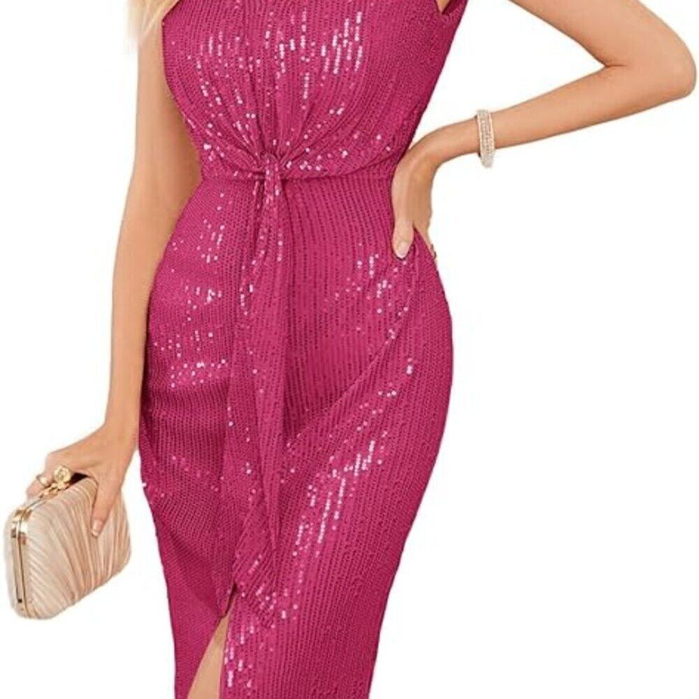 GRACE KARIN Hot Pink Sequin Midi Dress M Cocktail Party